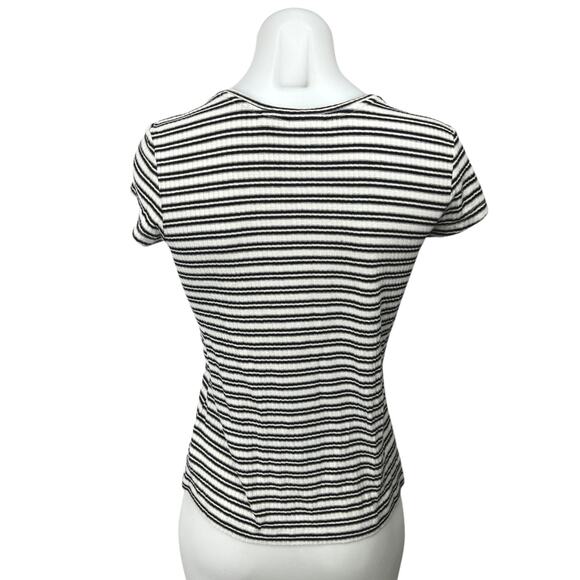 Max Studio Black White Knit Striped Short Sleeve Slim Fit Tee T-shirt Top Size M - Picture 2 of 4